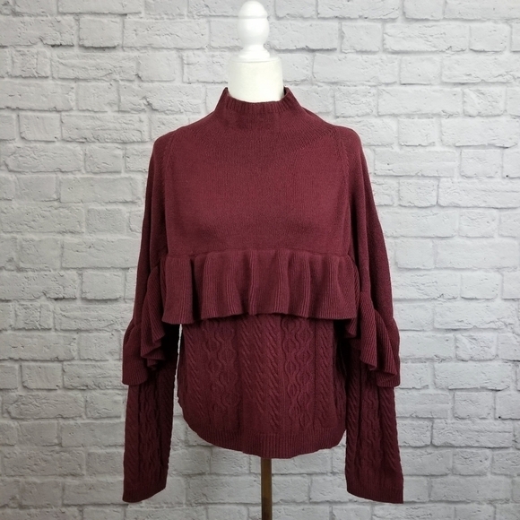 Project Naadam maroon red mock neck ruffle cable knit sweater women's  M NWT - Picture 2 of 7